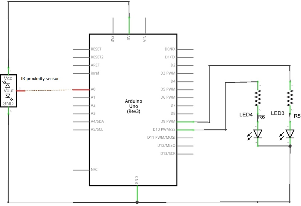 Proximity (GP2Y0A21YK ) distance Sensor with Arduino ... ir sensor circuit diagram 