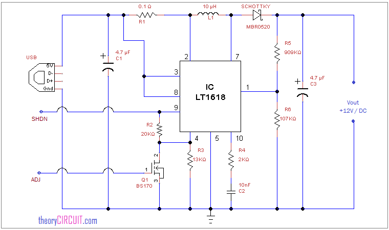 USB to 12 Volt DC Boost Converter Circuit