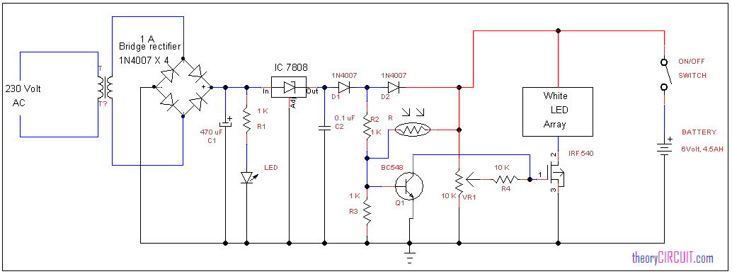 Automatic LED Emergency Light Circuit Diagram using LDR