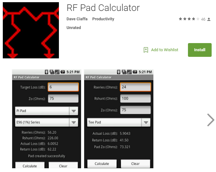 RF pad calculator app