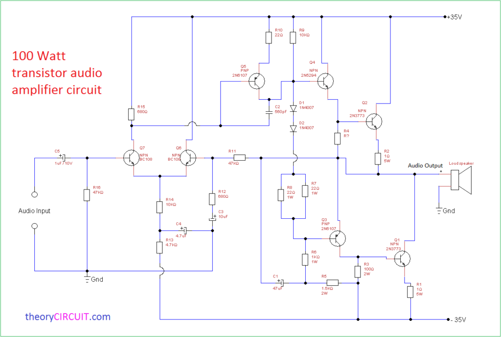 100 Watt Transistor Audio Amplifier Circuit