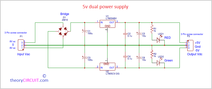 5V Dual power Supply circuit with PCB simple amplifier diagram 