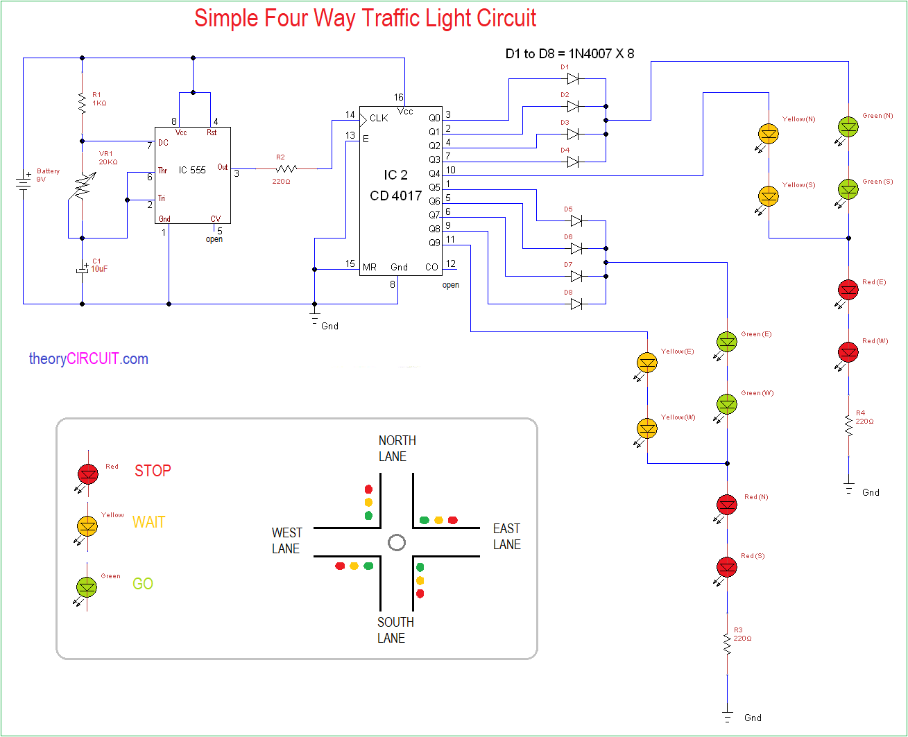 Simple Four Way Traffic Light Circuit