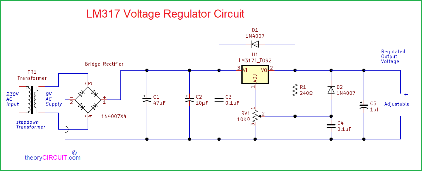 Variable LM317 voltage regulator circuit