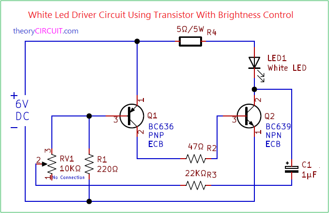 6V White Led Driver Circuit Using Transistor With Brightness Control
