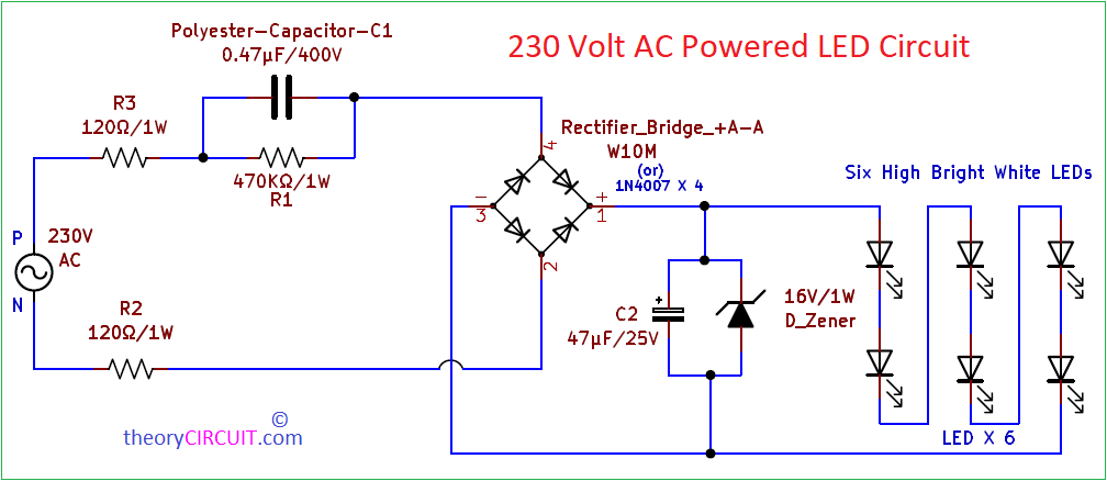 230 Volt AC Powered LED Circuit